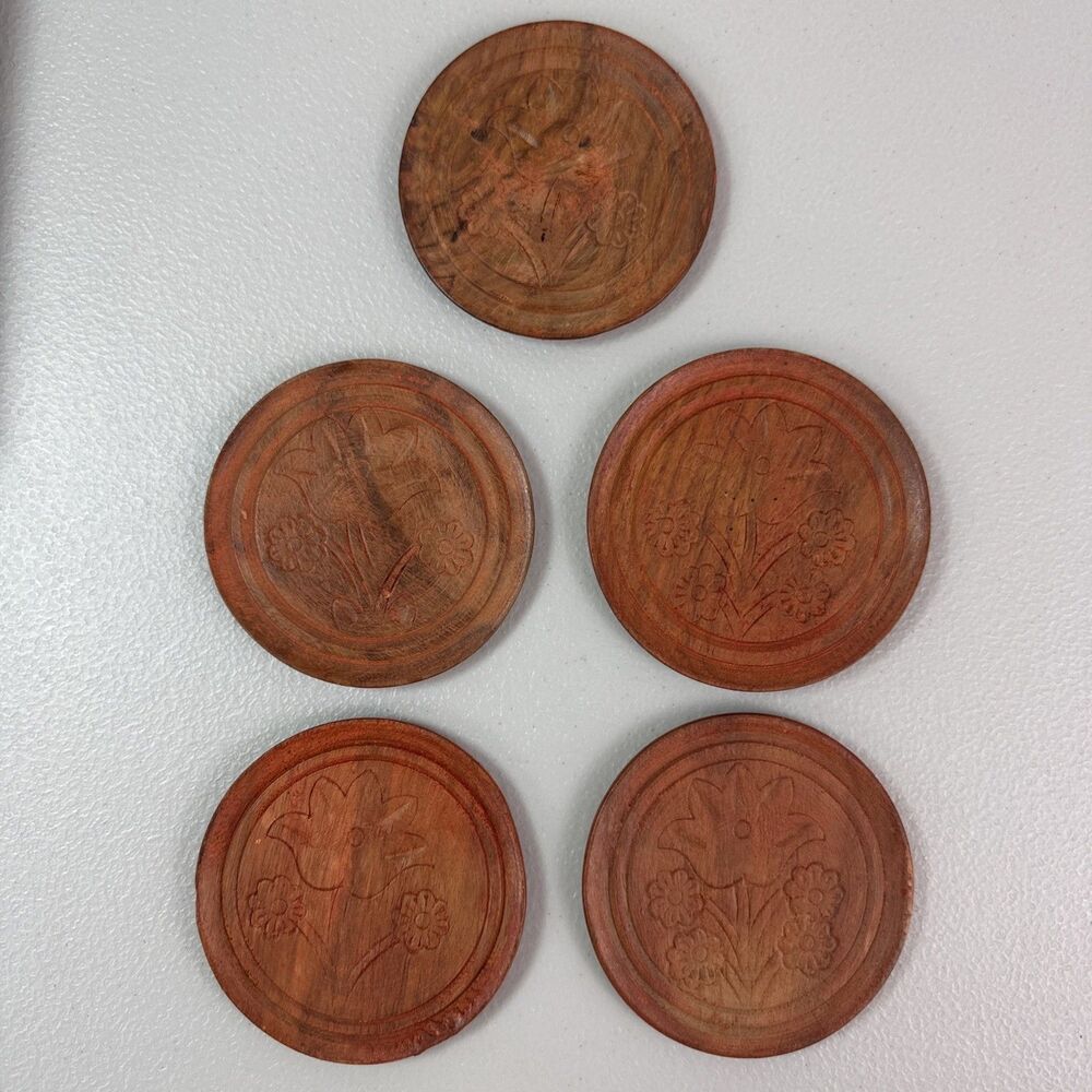 Vintage Flowers Wood Coasters, Set of 5 ~ Embossed Wood - Handmade